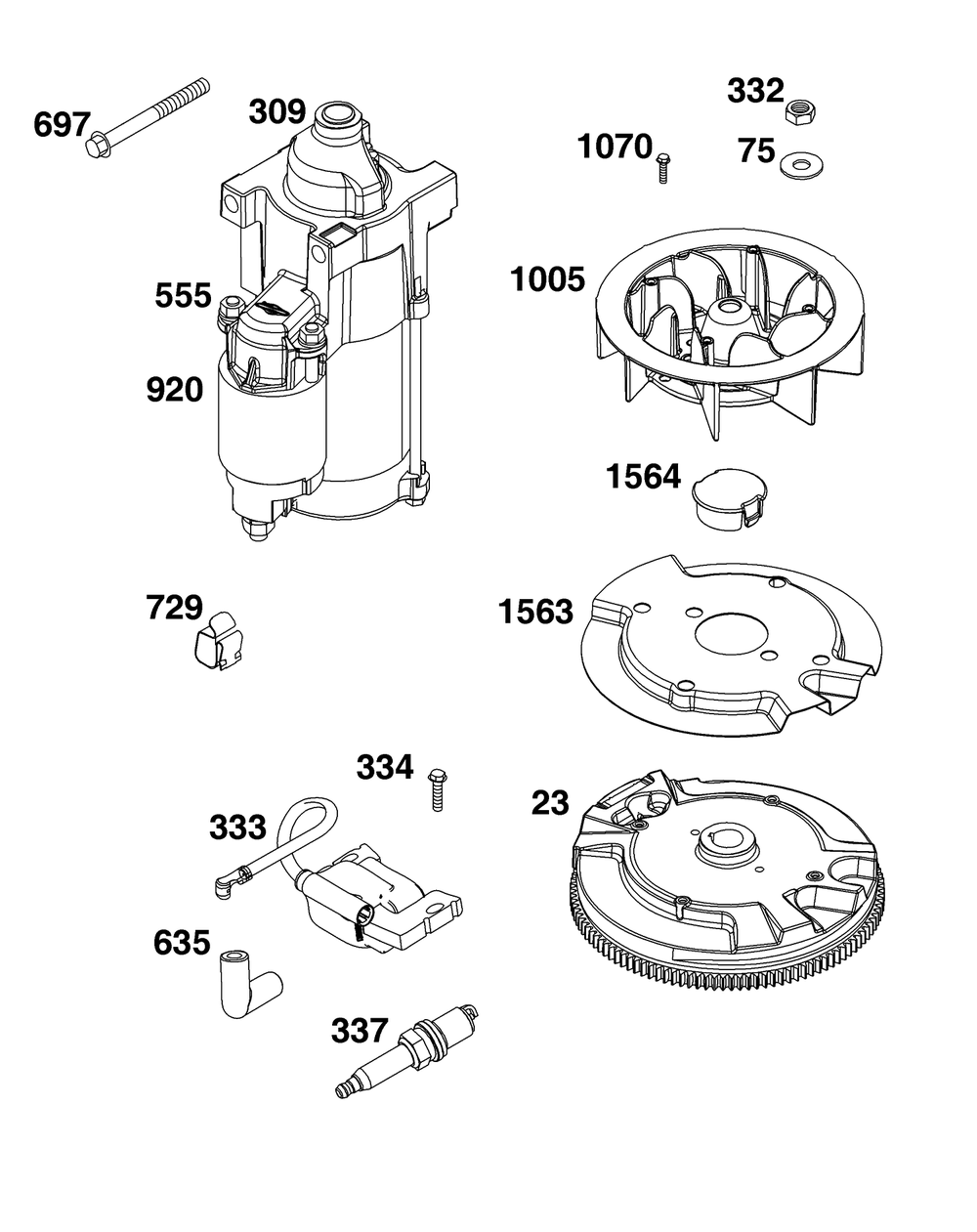 Flywheel, Ignition, And Starter Group Diagram and Parts List for 49J677-0011-G1  Briggs and Stratton Engine